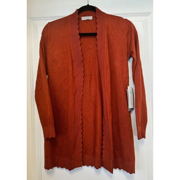Evolution By Cyrus Cardigan Womens Petite XSP Open Front Scalloped Rust Sweater - Picture 1 of 4